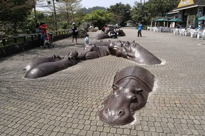 Plaza de los hipopótamos en el zoológico de Taipei